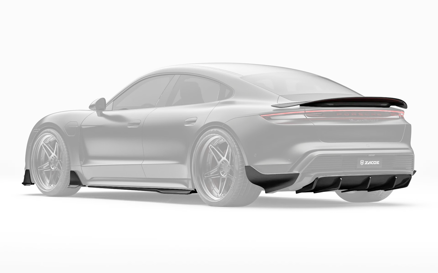 ZACOE Porsche Taycan carbon fiber body kit rear three quarter view