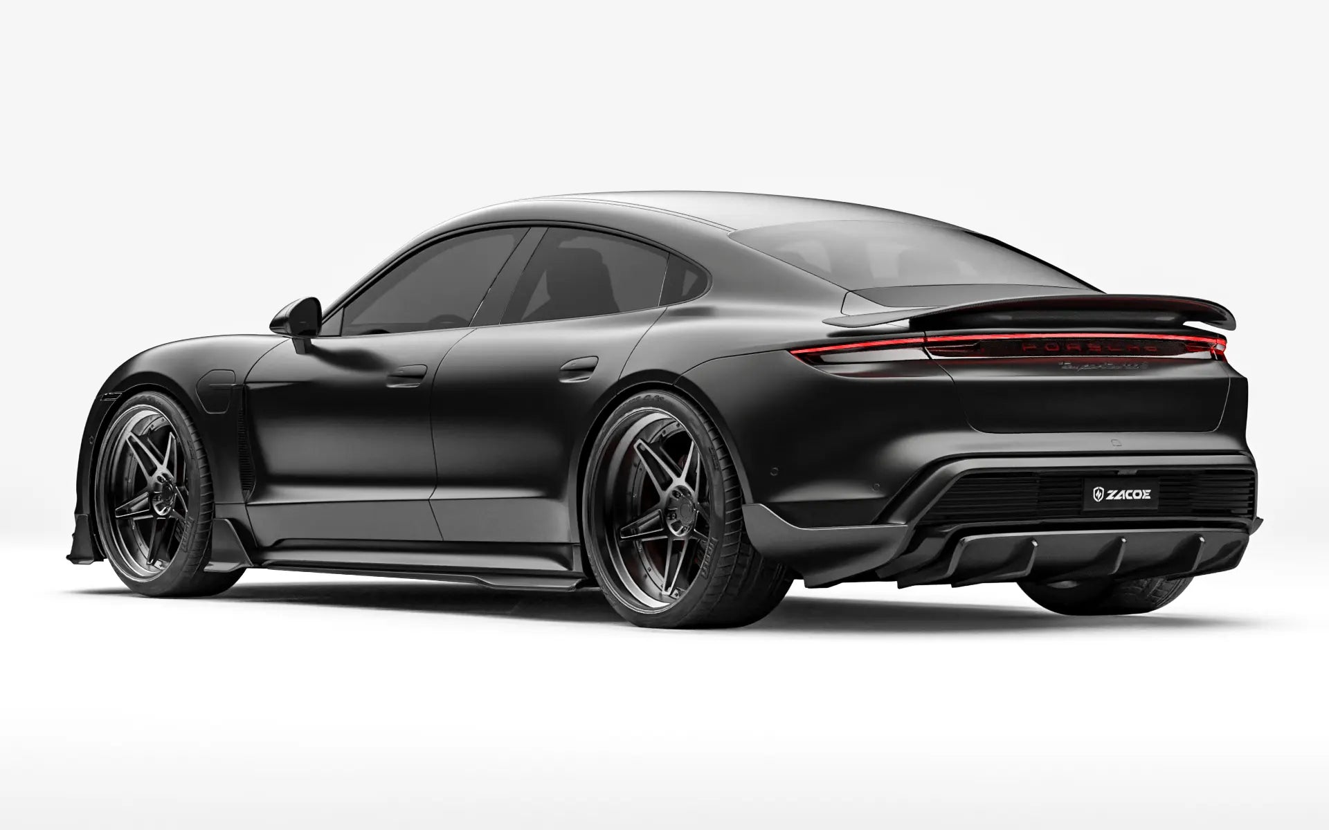 ZACOE Porsche Taycan carbon fiber body kit rear three quarter view