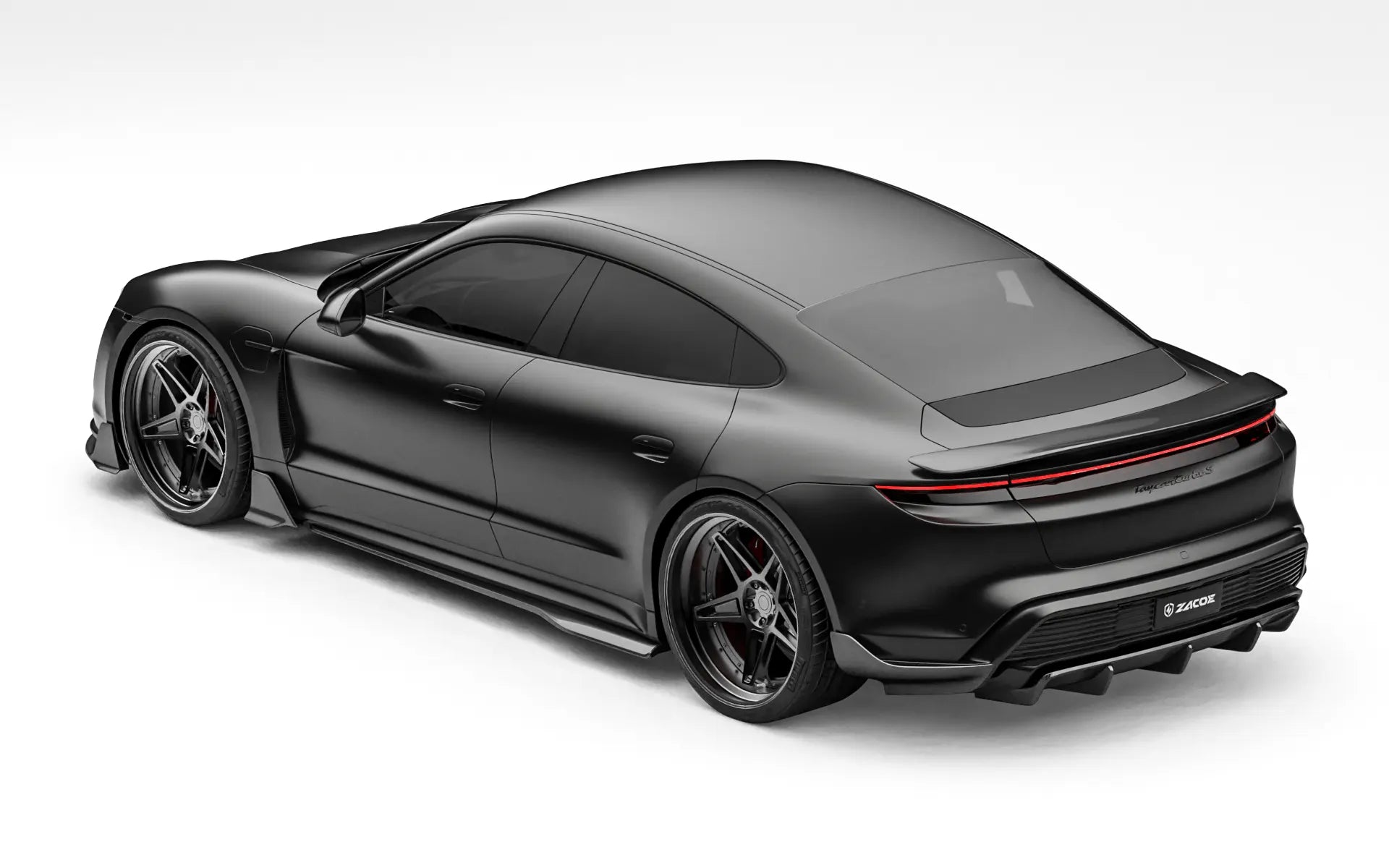 ZACOE Porsche Taycan carbon fiber body kit rear three quarter view