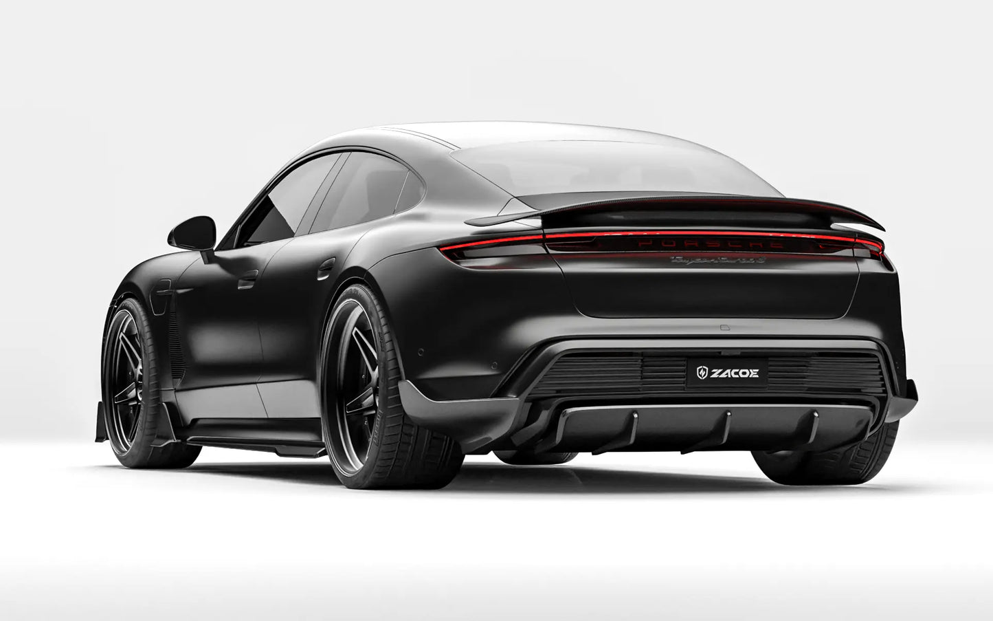 ZACOE Porsche Taycan carbon fiber body kit rear three quarter view