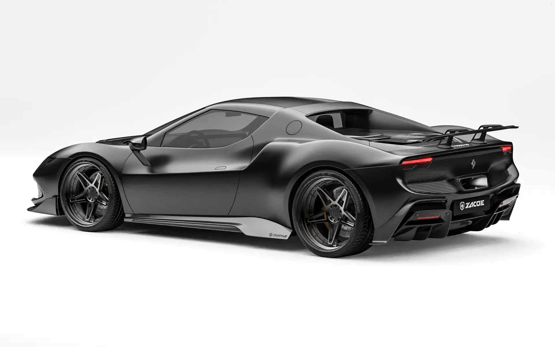 ZACOE Ferrari 296 GTB carbon fiber body kit rear three quarter view