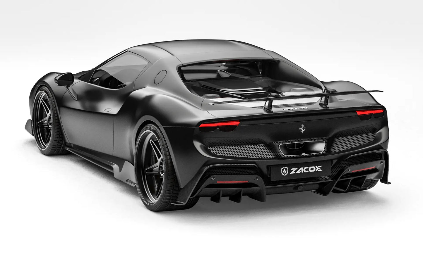 ZACOE Ferrari 296 GTB carbon fiber body kit rear three quarter view