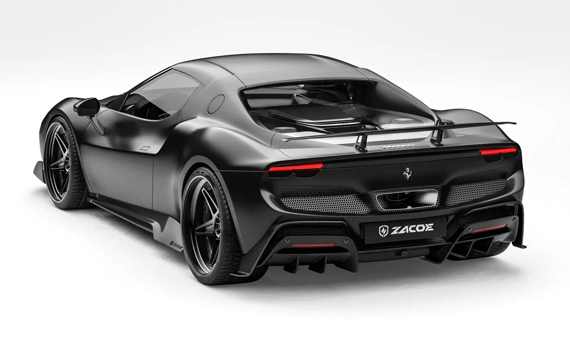 ZACOE Ferrari 296 GTB carbon fiber body kit rear three quarter view