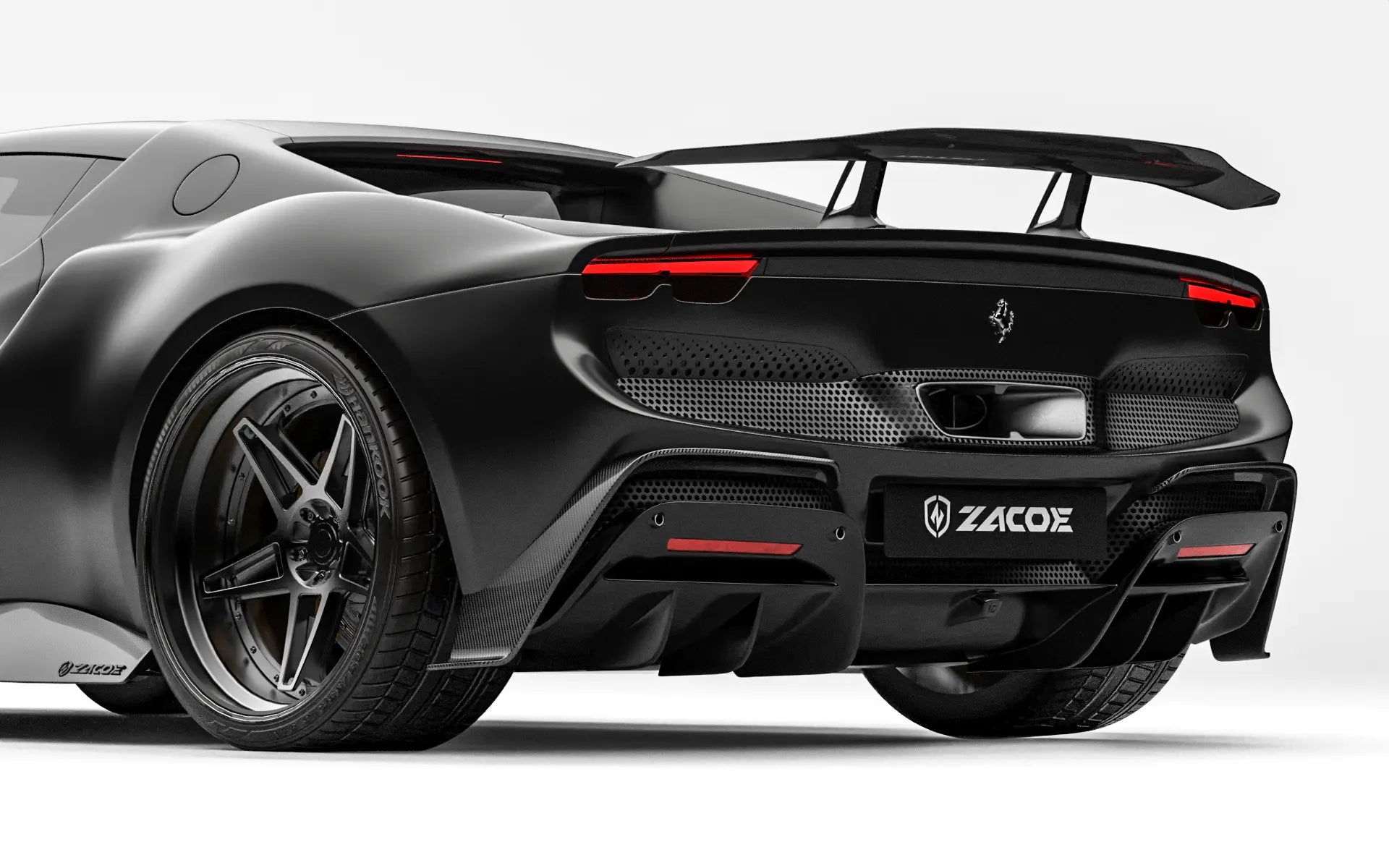 ZACOE Ferrari 296 GTB carbon fiber body kit rear three quarter view