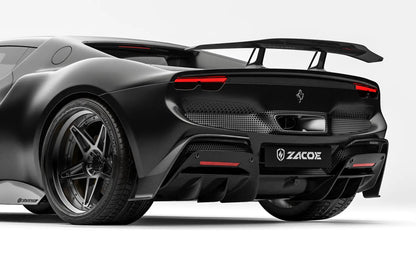 ZACOE Ferrari 296 GTB carbon fiber body kit rear three quarter view