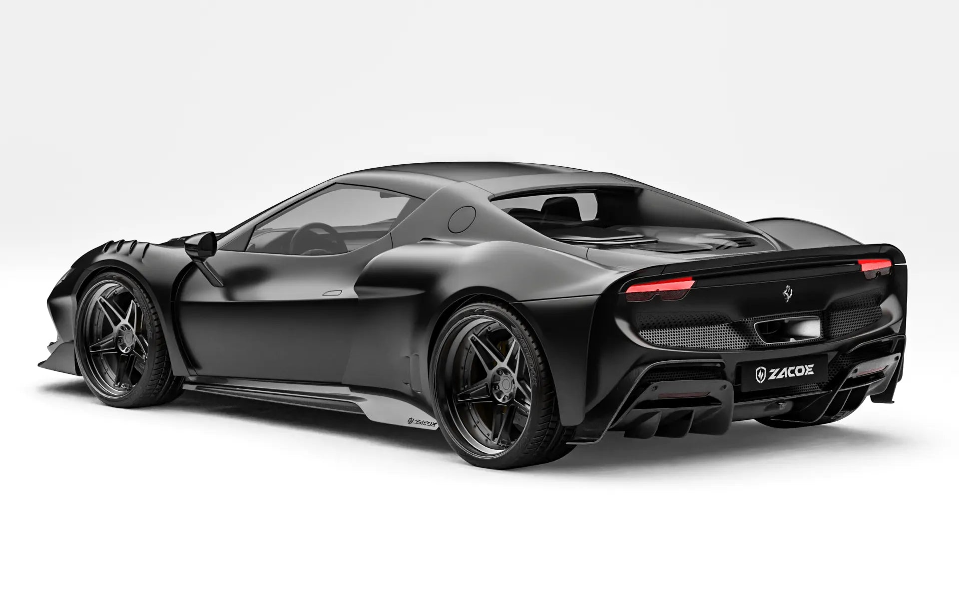 ZACOE Ferrari 296 GTB widebody carbon fiber kit rear three quarter view