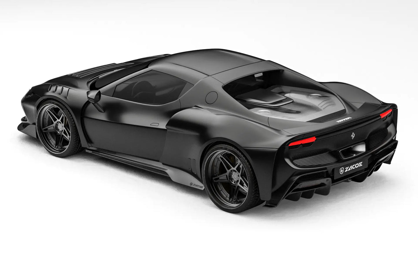ZACOE Ferrari 296 GTB widebody carbon aero kit rear 45 degree view