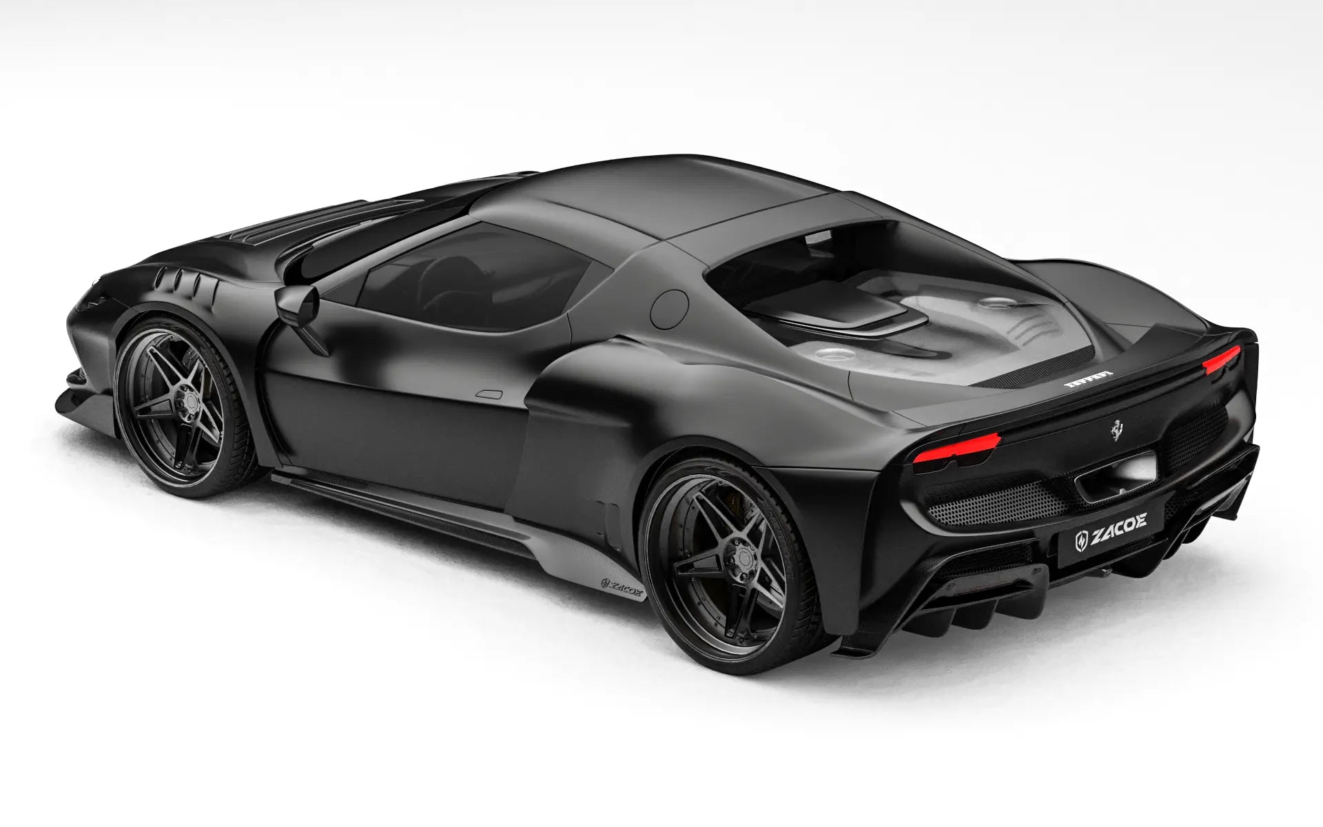 ZACOE Ferrari 296 GTB widebody carbon aero kit rear 45 degree view
