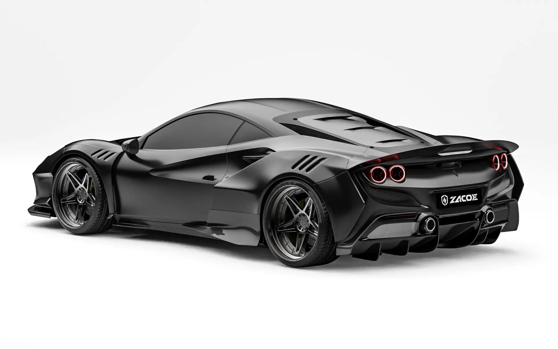 ZACOE Ferrari F8 Tributo widebody carbon fiber kit rear three quarter view