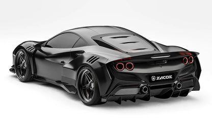 ZACOE Ferrari F8 Tributo widebody carbon fiber kit rear three quarter view