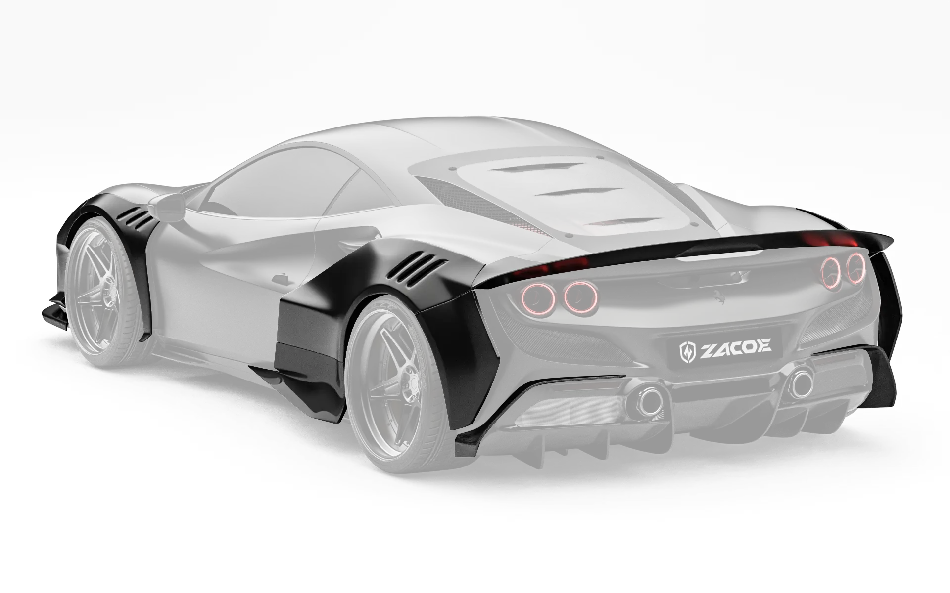 ZACOE Ferrari F8 Tributo widebody carbon fiber kit rear three quarter view