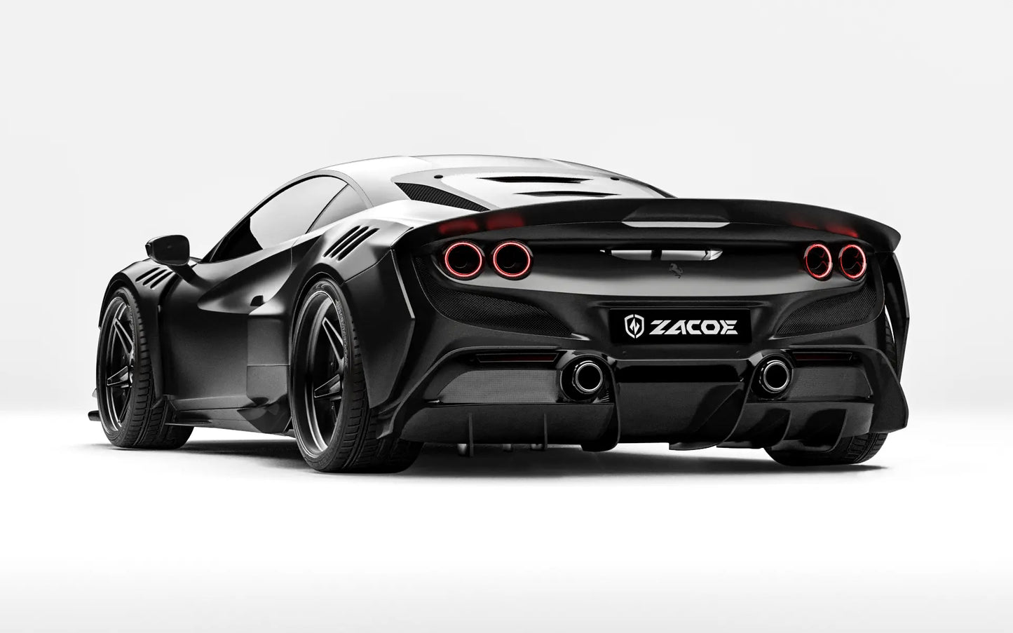ZACOE Ferrari F8 Tributo widebody carbon fiber kit rear three quarter view
