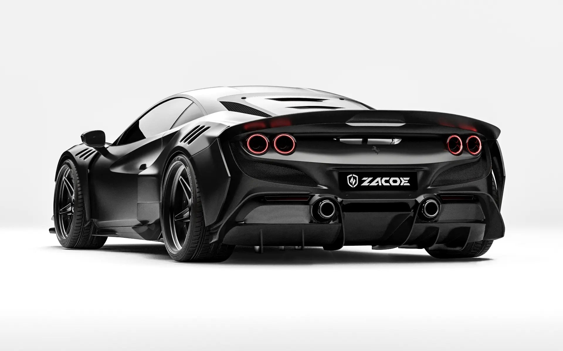 ZACOE Ferrari F8 Tributo widebody carbon fiber kit rear three quarter view