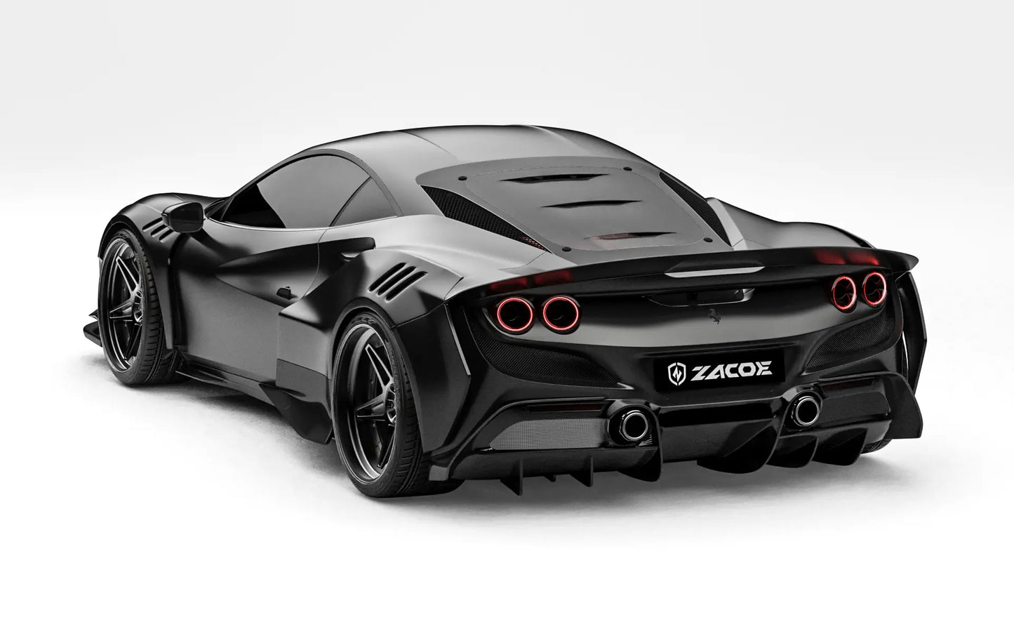 ZACOE Ferrari F8 Tributo widebody carbon fiber kit rear three quarter view