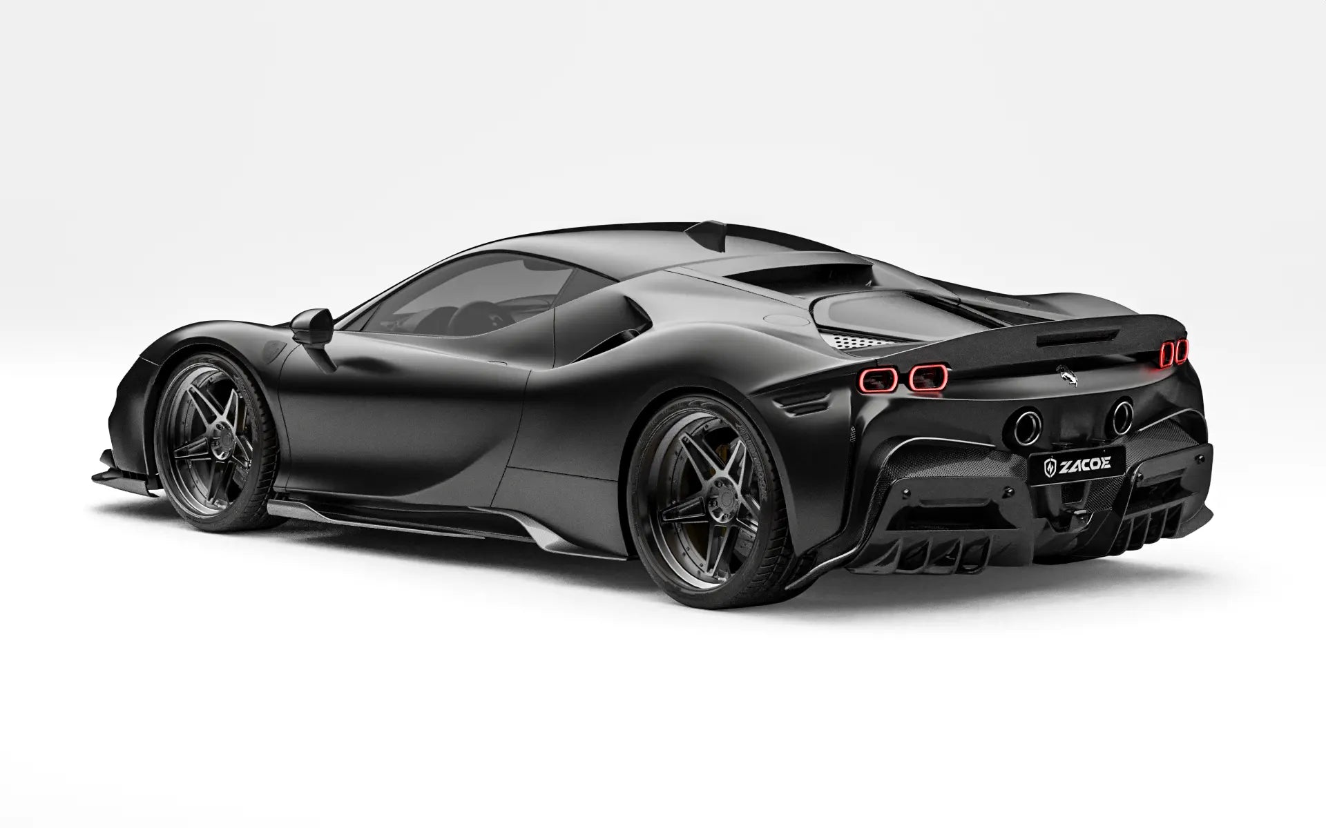 ZACOE Ferrari SF90 Stradale carbon fiber body kit rear three quarter view