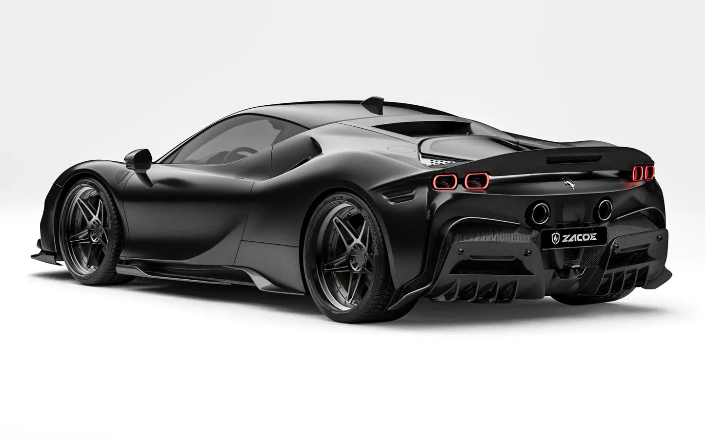ZACOE Ferrari SF90 Stradale carbon fiber body kit rear three quarter view