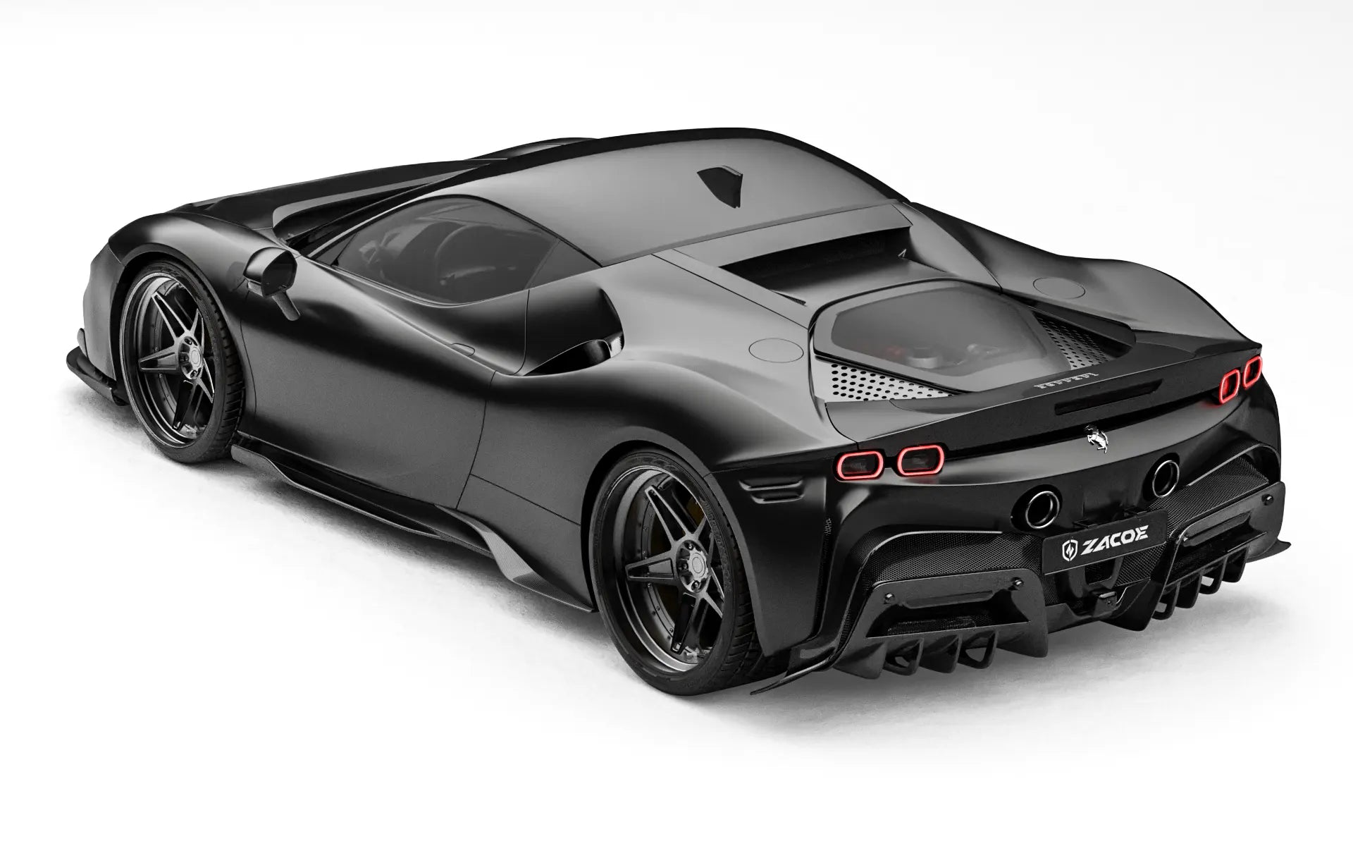 ZACOE Ferrari SF90 Stradale carbon fiber body kit rear three quarter view