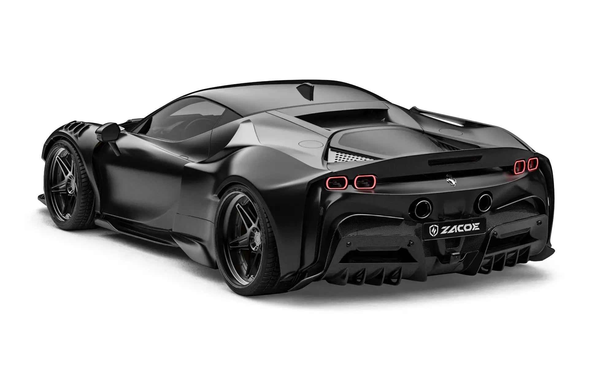 ZACOE Ferrari SF90 Stradale widebody carbon fiber kit rear three quarter view