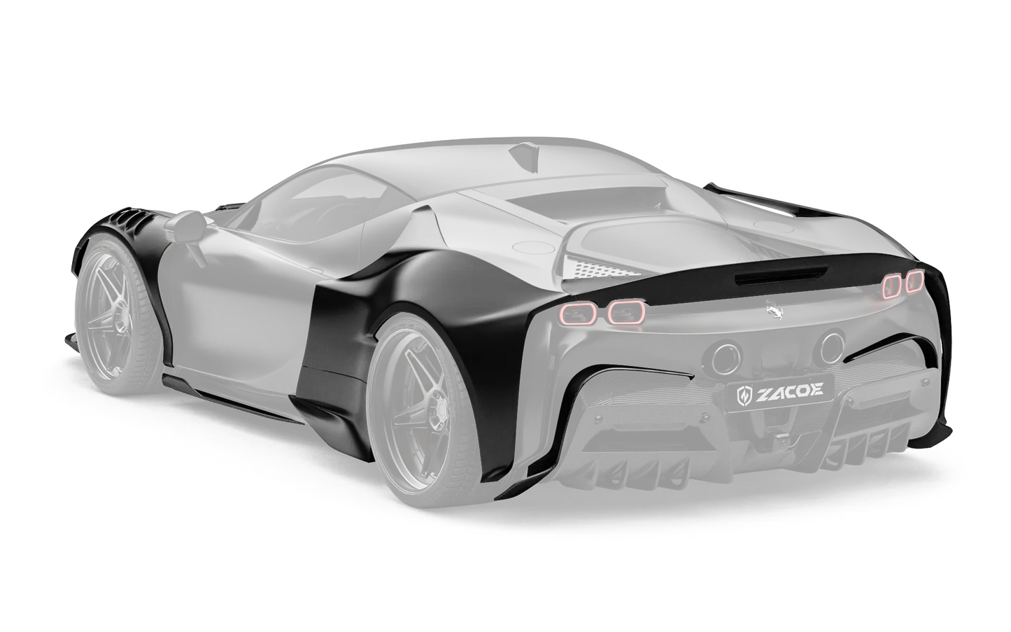 ZACOE Ferrari SF90 Stradale widebody carbon fiber kit rear three quarter view