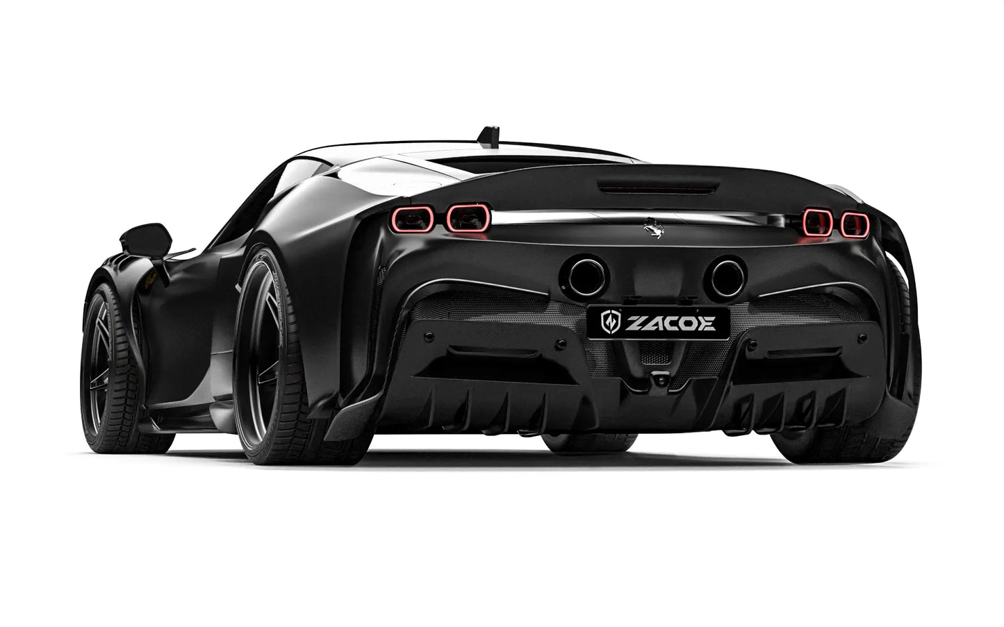 ZACOE Ferrari SF90 Stradale widebody carbon fiber kit rear three quarter view