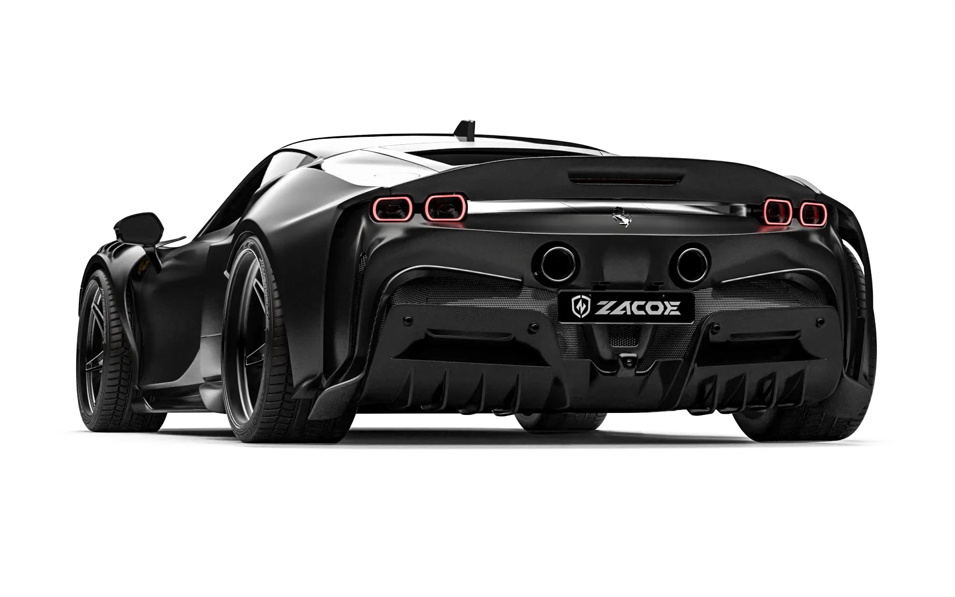 ZACOE Ferrari SF90 Stradale widebody carbon fiber kit rear three quarter view
