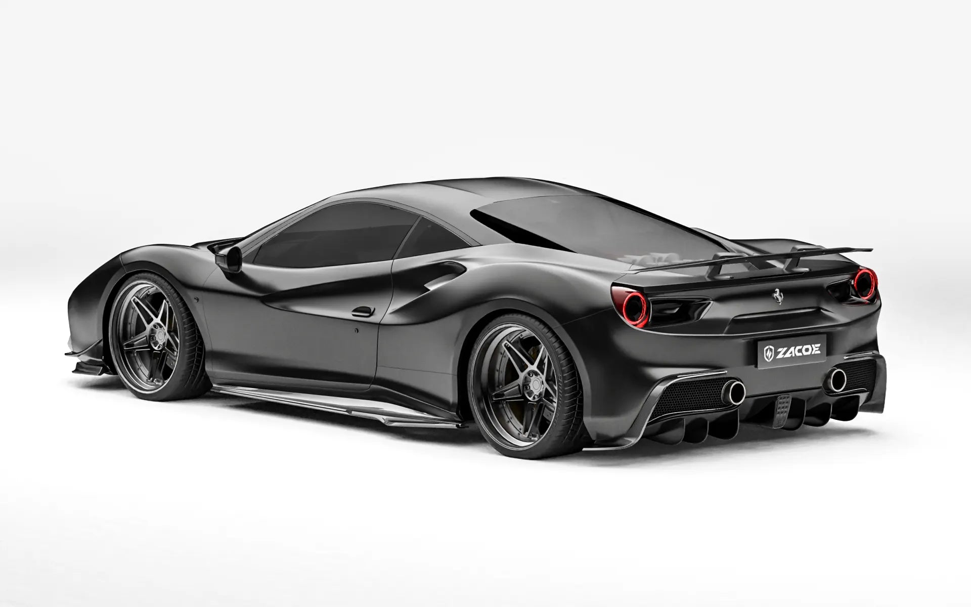 ZACOE Ferrari 488 GTB carbon fiber body kit after rear three quarter view