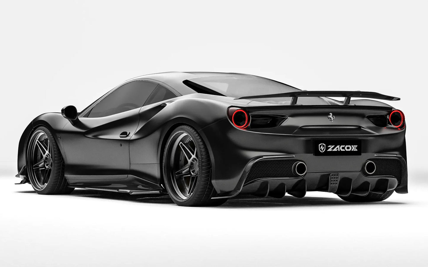 ZACOE Ferrari 488 GTB carbon fiber body kit rear three quarter view