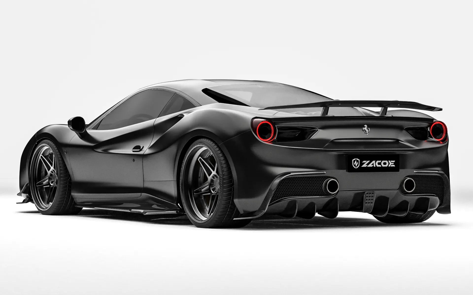 ZACOE Ferrari 488 GTB carbon fiber body kit rear three quarter view