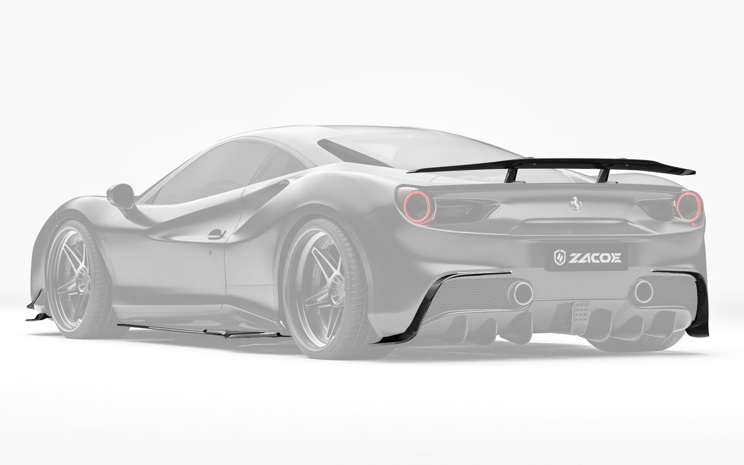 ZACOE Ferrari 488 GTB carbon fiber body kit rear three quarter view