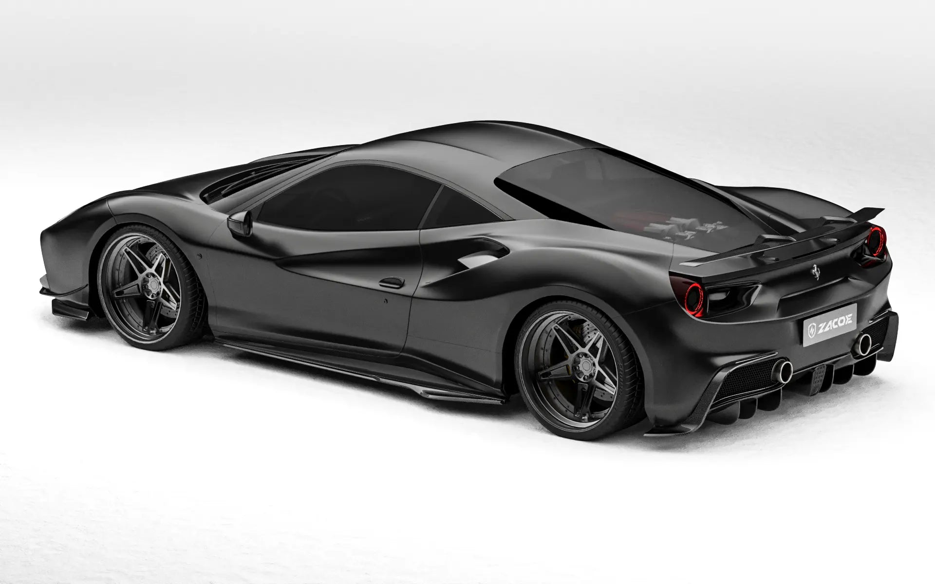 ZACOE Ferrari 488 GTB carbon fiber body kit rear three quarter view