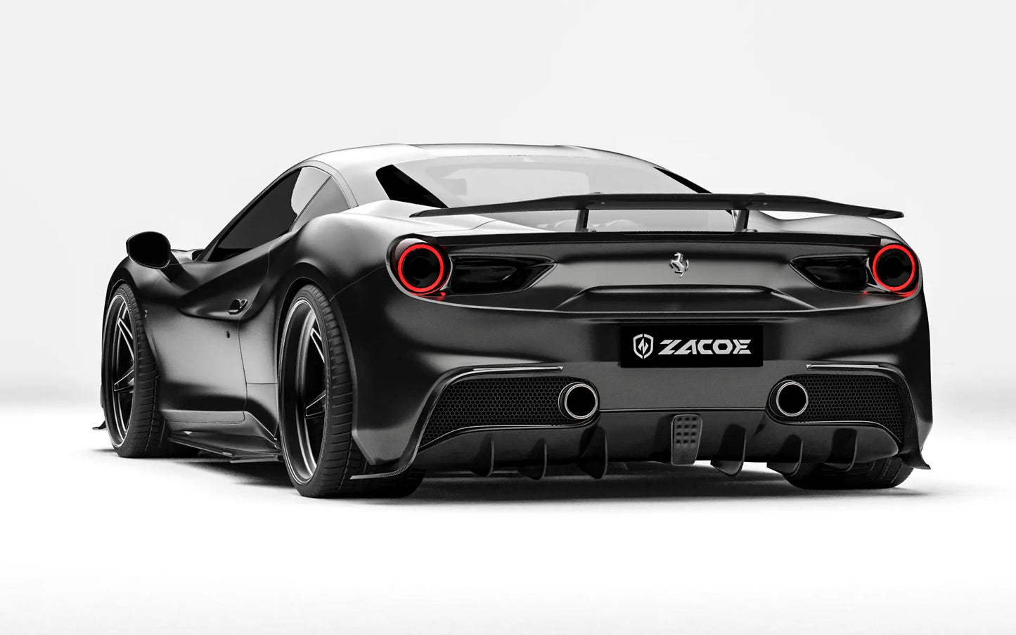 ZACOE Ferrari 488 GTB carbon fiber body kit rear three quarter view