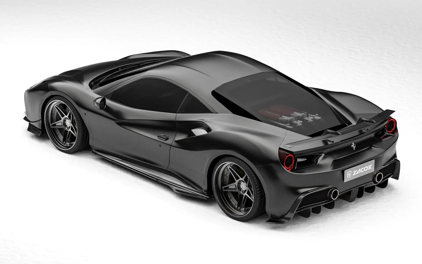 ZACOE Ferrari 488 GTB carbon fiber body kit rear three quarter view