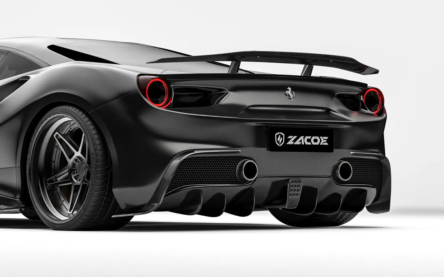ZACOE Ferrari 488 GTB carbon fiber body kit rear three quarter view