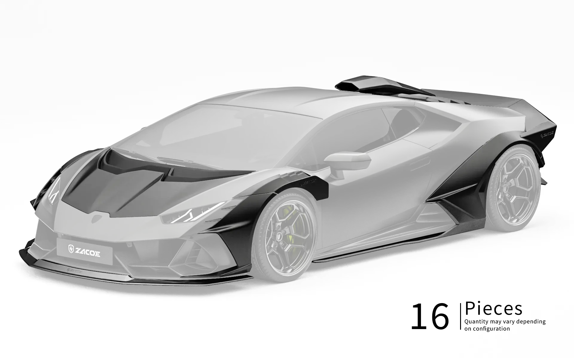 ZACOE Lamborghini Huracan EVO widebody carbon fiber kit front three quarter view
