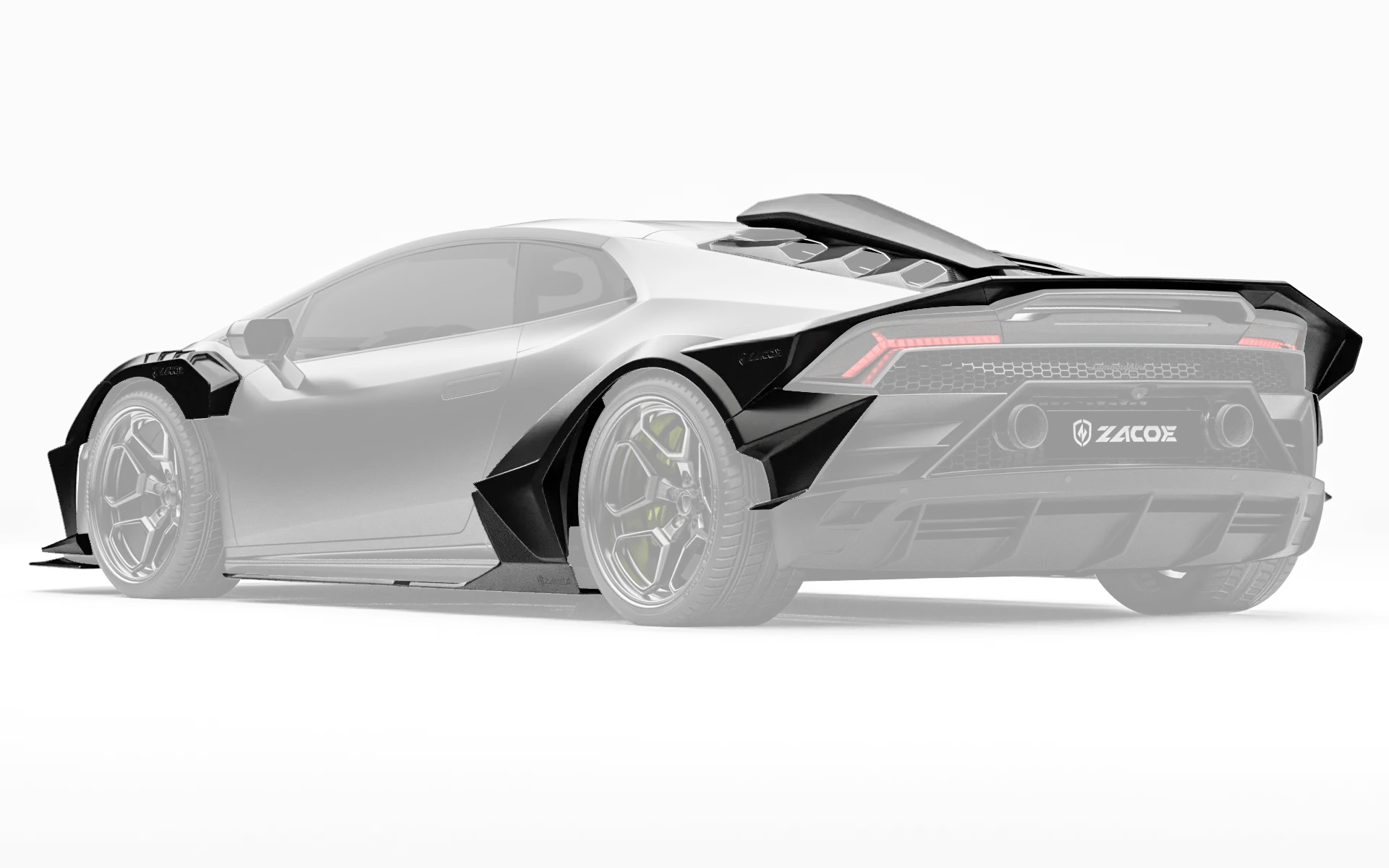 ZACOE Lamborghini Huracan EVO widebody carbon fiber kit rear three quarter view