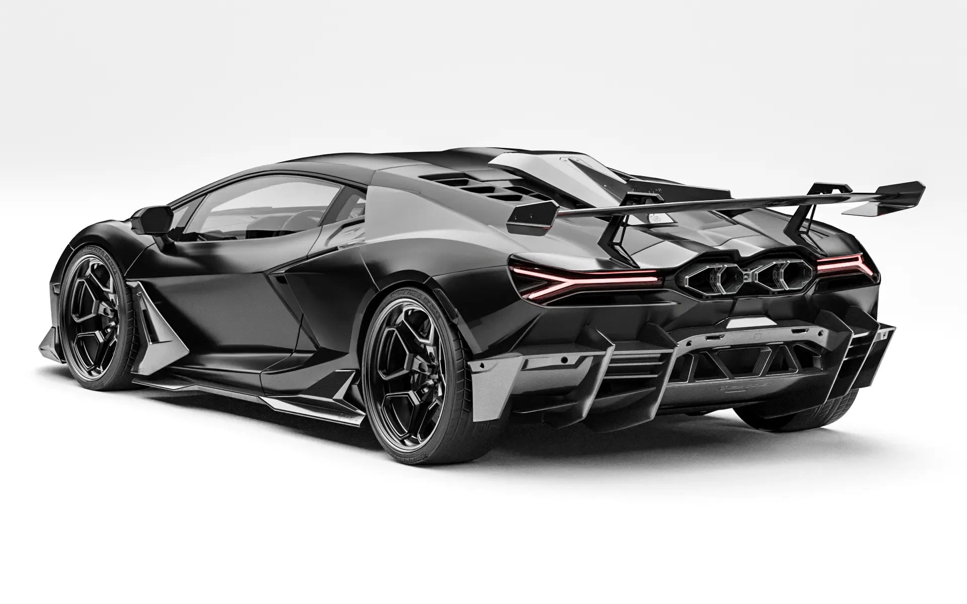 ZACOE Lamborghini Revuelto carbon fiber body kit rear three quarter view