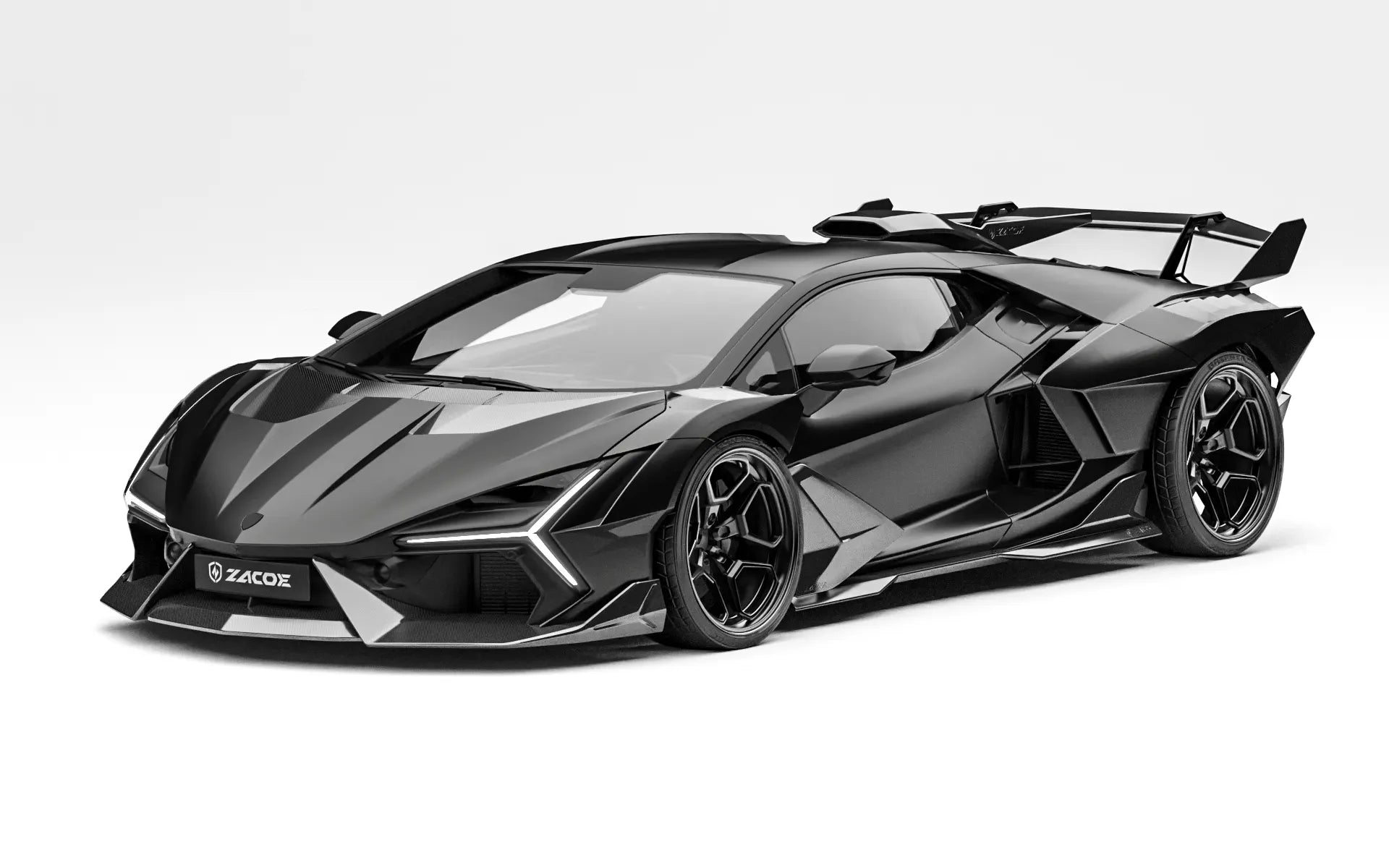 ZACOE Lamborghini Revuelto widebody carbon aero kit front three quarter view
