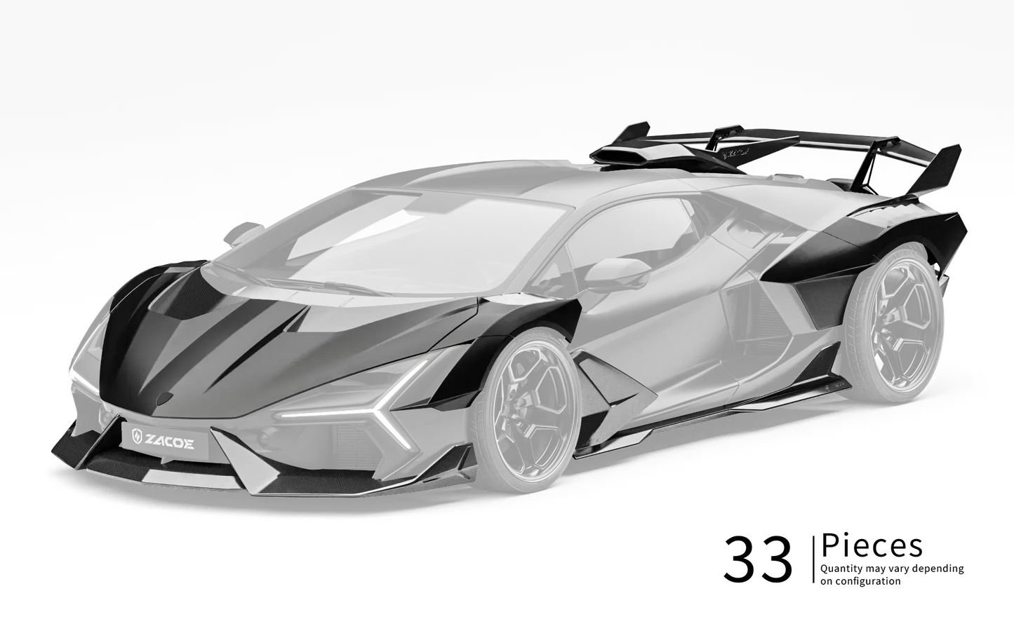 ZACOE Lamborghini Revuelto widebody carbon aero kit front three quarter view