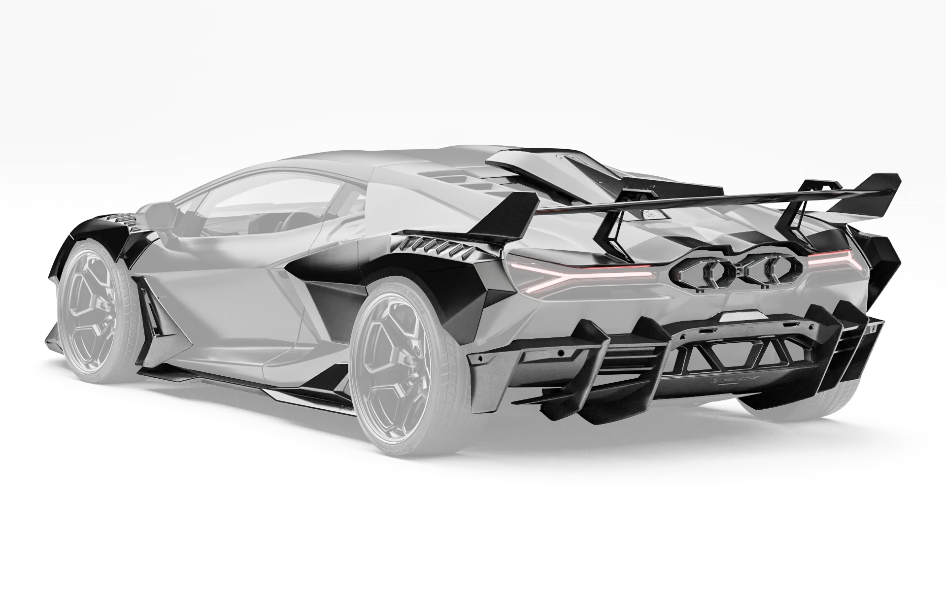 ZACOE Lamborghini Revuelto carbon fiber body kit rear three quarter view