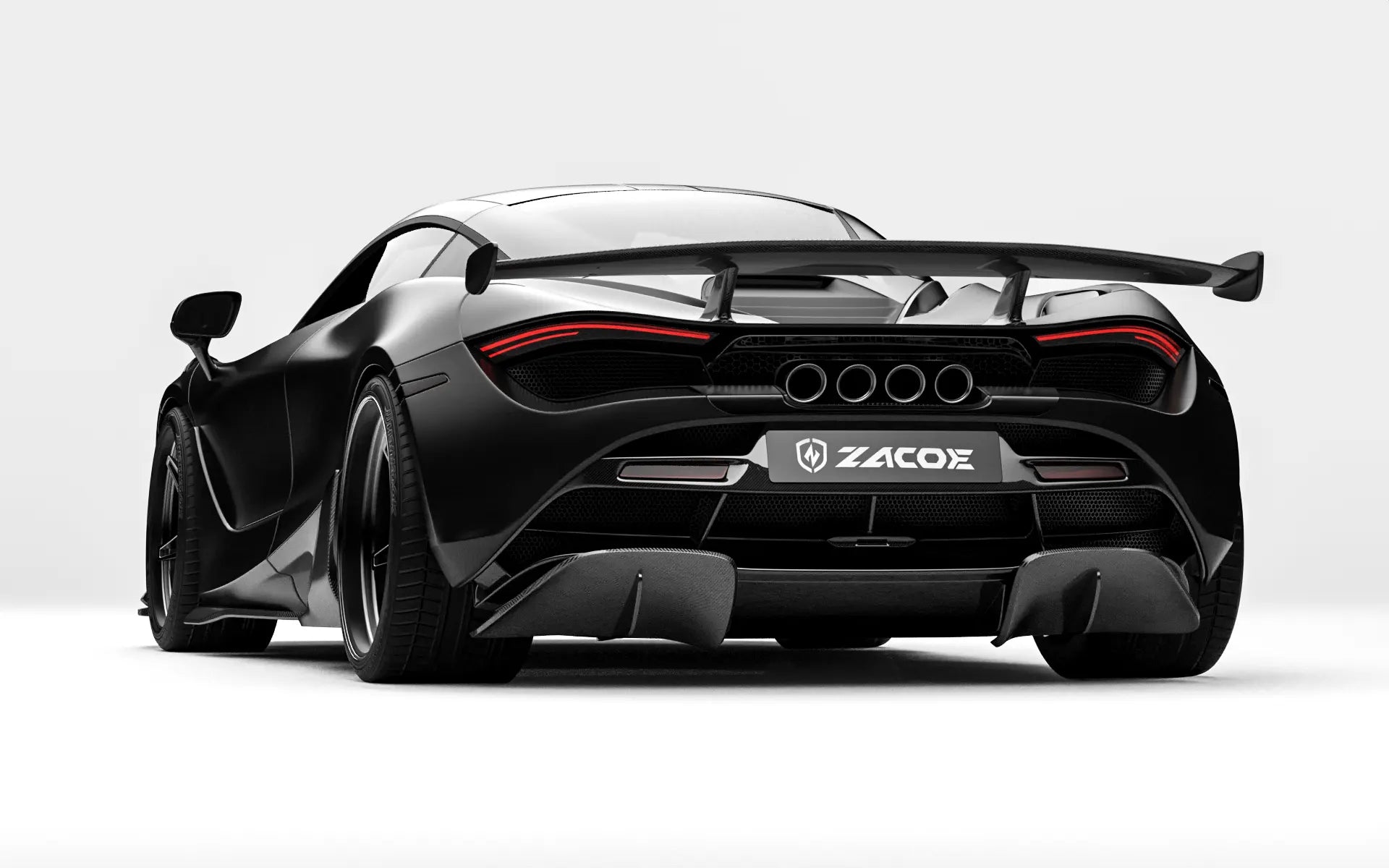 ZACOE McLaren 720S carbon fiber body kit rear three quarter view