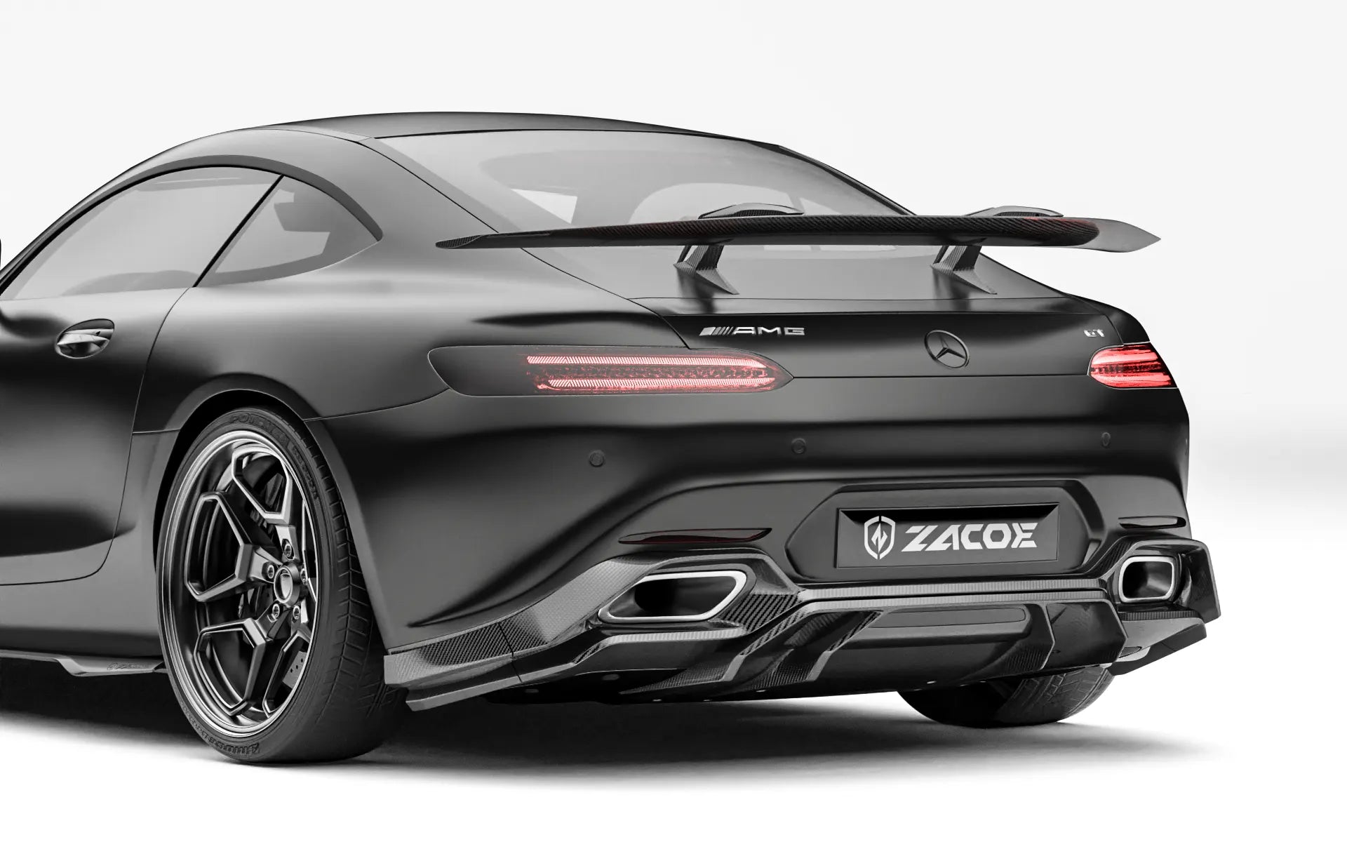 ZACOE Mercedes-AMG GT carbon fiber body kit rear three quarter view