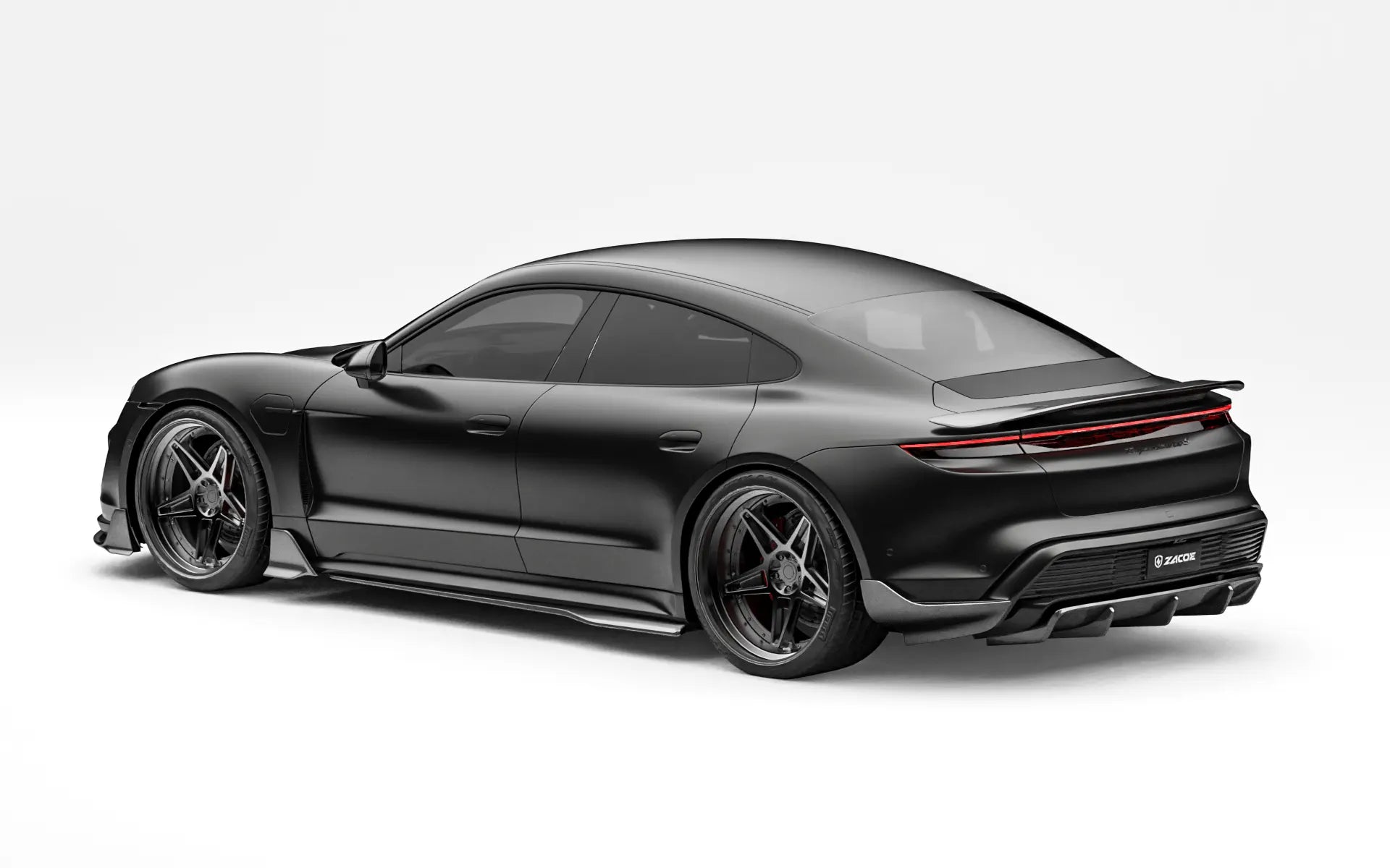 ZACOE Porsche Taycan carbon fiber body kit after rear three quarter view